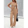 imagePRETTYGARDEN Womens 2 Piece Outfits Summer 2025 Ribbed Knit Button Short Sleeve Tops Casual Wide Leg Pants Lounge SetsKhaki
