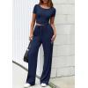 imagePRETTYGARDEN Womens 2 Piece Outfits Summer 2025 Ribbed Knit Button Short Sleeve Tops Casual Wide Leg Pants Lounge SetsNavy