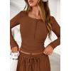 imagePRETTYGARDEN Womens 2025 Fall Trendy 2 Piece Outfits Lounge Sets Long Sleeve Top Henley Shirts Wide Leg Pants Travel ClothesBrown