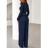 imagePRETTYGARDEN Womens 2025 Fall Trendy 2 Piece Outfits Lounge Sets Long Sleeve Top Henley Shirts Wide Leg Pants Travel ClothesNavy Blue