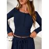 imagePRETTYGARDEN Womens 2025 Fall Trendy 2 Piece Outfits Lounge Sets Long Sleeve Top Henley Shirts Wide Leg Pants Travel ClothesNavy Blue