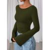 imagePRETTYGARDEN Womens Long Sleeve Shirts 2025 Fall Going Out Tops Casual Boat Neck Bell Sleeve Ribbed Ruched Y2K ClothesArmy Green