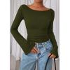 imagePRETTYGARDEN Womens Long Sleeve Shirts 2025 Fall Going Out Tops Casual Boat Neck Bell Sleeve Ribbed Ruched Y2K ClothesArmy Green