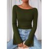 imagePRETTYGARDEN Womens Long Sleeve Shirts 2025 Fall Going Out Tops Casual Boat Neck Bell Sleeve Ribbed Ruched Y2K ClothesArmy Green