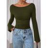 imagePRETTYGARDEN Womens Long Sleeve Shirts 2025 Fall Going Out Tops Casual Boat Neck Bell Sleeve Ribbed Ruched Y2K ClothesArmy Green