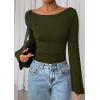 imagePRETTYGARDEN Womens Long Sleeve Shirts 2025 Fall Going Out Tops Casual Boat Neck Bell Sleeve Ribbed Ruched Y2K ClothesArmy Green