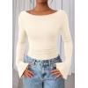 imagePRETTYGARDEN Womens Long Sleeve Shirts 2025 Fall Going Out Tops Casual Boat Neck Bell Sleeve Ribbed Ruched Y2K ClothesBeige