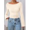 imagePRETTYGARDEN Womens Long Sleeve Shirts 2025 Fall Going Out Tops Casual Boat Neck Bell Sleeve Ribbed Ruched Y2K ClothesBeige