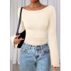 imagePRETTYGARDEN Womens Long Sleeve Shirts 2025 Fall Going Out Tops Casual Boat Neck Bell Sleeve Ribbed Ruched Y2K ClothesBeige