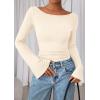 imagePRETTYGARDEN Womens Long Sleeve Shirts 2025 Fall Going Out Tops Casual Boat Neck Bell Sleeve Ribbed Ruched Y2K ClothesBeige