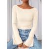 imagePRETTYGARDEN Womens Long Sleeve Shirts 2025 Fall Going Out Tops Casual Boat Neck Bell Sleeve Ribbed Ruched Y2K ClothesBeige