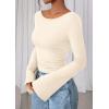imagePRETTYGARDEN Womens Long Sleeve Shirts 2025 Fall Going Out Tops Casual Boat Neck Bell Sleeve Ribbed Ruched Y2K ClothesBeige