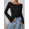 imagePRETTYGARDEN Womens Long Sleeve Shirts 2025 Fall Going Out Tops Casual Boat Neck Bell Sleeve Ribbed Ruched Y2K ClothesBlack