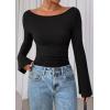 imagePRETTYGARDEN Womens Long Sleeve Shirts 2025 Fall Going Out Tops Casual Boat Neck Bell Sleeve Ribbed Ruched Y2K ClothesBlack