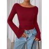 imagePRETTYGARDEN Womens Long Sleeve Shirts 2025 Fall Going Out Tops Casual Boat Neck Bell Sleeve Ribbed Ruched Y2K ClothesBurgundy