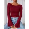imagePRETTYGARDEN Womens Long Sleeve Shirts 2025 Fall Going Out Tops Casual Boat Neck Bell Sleeve Ribbed Ruched Y2K ClothesBurgundy