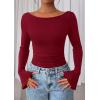 imagePRETTYGARDEN Womens Long Sleeve Shirts 2025 Fall Going Out Tops Casual Boat Neck Bell Sleeve Ribbed Ruched Y2K ClothesBurgundy