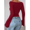 imagePRETTYGARDEN Womens Long Sleeve Shirts 2025 Fall Going Out Tops Casual Boat Neck Bell Sleeve Ribbed Ruched Y2K ClothesBurgundy