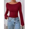 imagePRETTYGARDEN Womens Long Sleeve Shirts 2025 Fall Going Out Tops Casual Boat Neck Bell Sleeve Ribbed Ruched Y2K ClothesBurgundy