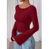 imagePRETTYGARDEN Womens Long Sleeve Shirts 2025 Fall Going Out Tops Casual Boat Neck Bell Sleeve Ribbed Ruched Y2K ClothesBurgundy