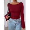imagePRETTYGARDEN Womens Long Sleeve Shirts 2025 Fall Going Out Tops Casual Boat Neck Bell Sleeve Ribbed Ruched Y2K ClothesBurgundy