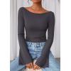 imagePRETTYGARDEN Womens Long Sleeve Shirts 2025 Fall Going Out Tops Casual Boat Neck Bell Sleeve Ribbed Ruched Y2K ClothesDark Grey