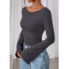imagePRETTYGARDEN Womens Long Sleeve Shirts 2025 Fall Going Out Tops Casual Boat Neck Bell Sleeve Ribbed Ruched Y2K ClothesDark Grey