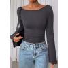 imagePRETTYGARDEN Womens Long Sleeve Shirts 2025 Fall Going Out Tops Casual Boat Neck Bell Sleeve Ribbed Ruched Y2K ClothesDark Grey