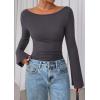 imagePRETTYGARDEN Womens Long Sleeve Shirts 2025 Fall Going Out Tops Casual Boat Neck Bell Sleeve Ribbed Ruched Y2K ClothesDark Grey