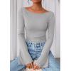 imagePRETTYGARDEN Womens Long Sleeve Shirts 2025 Fall Going Out Tops Casual Boat Neck Bell Sleeve Ribbed Ruched Y2K ClothesGrey