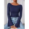 imagePRETTYGARDEN Womens Long Sleeve Shirts 2025 Fall Going Out Tops Casual Boat Neck Bell Sleeve Ribbed Ruched Y2K ClothesNavy Blue
