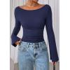imagePRETTYGARDEN Womens Long Sleeve Shirts 2025 Fall Going Out Tops Casual Boat Neck Bell Sleeve Ribbed Ruched Y2K ClothesNavy Blue