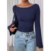 imagePRETTYGARDEN Womens Long Sleeve Shirts 2025 Fall Going Out Tops Casual Boat Neck Bell Sleeve Ribbed Ruched Y2K ClothesNavy Blue
