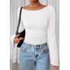 imagePRETTYGARDEN Womens Long Sleeve Shirts 2025 Fall Going Out Tops Casual Boat Neck Bell Sleeve Ribbed Ruched Y2K ClothesWhite