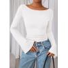 imagePRETTYGARDEN Womens Long Sleeve Shirts 2025 Fall Going Out Tops Casual Boat Neck Bell Sleeve Ribbed Ruched Y2K ClothesWhite