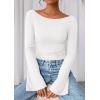 imagePRETTYGARDEN Womens Long Sleeve Shirts 2025 Fall Going Out Tops Casual Boat Neck Bell Sleeve Ribbed Ruched Y2K ClothesWhite