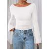imagePRETTYGARDEN Womens Long Sleeve Shirts 2025 Fall Going Out Tops Casual Boat Neck Bell Sleeve Ribbed Ruched Y2K ClothesWhite