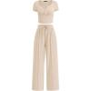 imagePRETTYGARDEN Womens 2 Piece Outfits Summer 2025 Ribbed Knit Button Short Sleeve Tops Casual Wide Leg Pants Lounge SetsBeige