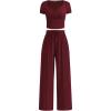 imagePRETTYGARDEN Womens 2 Piece Outfits Summer 2025 Ribbed Knit Button Short Sleeve Tops Casual Wide Leg Pants Lounge SetsWine Red