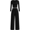 imagePRETTYGARDEN Womens 2025 Fall Trendy 2 Piece Outfits Lounge Sets Long Sleeve Top Henley Shirts Wide Leg Pants Travel ClothesBlack