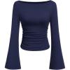 imagePRETTYGARDEN Womens Long Sleeve Shirts 2025 Fall Going Out Tops Casual Boat Neck Bell Sleeve Ribbed Ruched Y2K ClothesNavy Blue