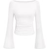 imagePRETTYGARDEN Womens Long Sleeve Shirts 2025 Fall Going Out Tops Casual Boat Neck Bell Sleeve Ribbed Ruched Y2K ClothesWhite