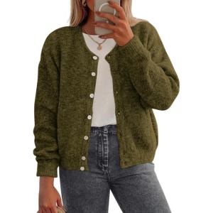 imagePRETTYGARDEN Fall Long Sleeve Cardigans for Women Trendy 2025 Open Front Winter Button Down Crewneck Soft Knit Sweater JacketArmy Green