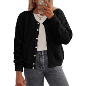 imagePRETTYGARDEN Fall Long Sleeve Cardigans for Women Trendy 2025 Open Front Winter Button Down Crewneck Soft Knit Sweater JacketBlack