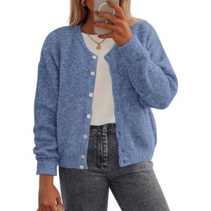imagePRETTYGARDEN Fall Long Sleeve Cardigans for Women Trendy 2025 Open Front Winter Button Down Crewneck Soft Knit Sweater JacketBlue