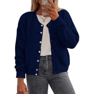 imagePRETTYGARDEN Fall Long Sleeve Cardigans for Women Trendy 2025 Open Front Winter Button Down Crewneck Soft Knit Sweater JacketDark Blue