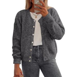 imagePRETTYGARDEN Fall Long Sleeve Cardigans for Women Trendy 2025 Open Front Winter Button Down Crewneck Soft Knit Sweater JacketGrey