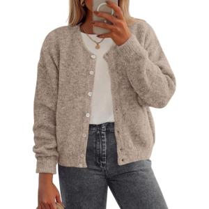 imagePRETTYGARDEN Fall Long Sleeve Cardigans for Women Trendy 2025 Open Front Winter Button Down Crewneck Soft Knit Sweater JacketLight Khaki