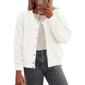 imagePRETTYGARDEN Fall Long Sleeve Cardigans for Women Trendy 2025 Open Front Winter Button Down Crewneck Soft Knit Sweater JacketWhite