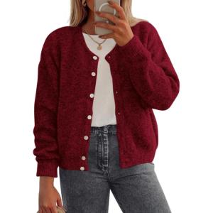 imagePRETTYGARDEN Fall Long Sleeve Cardigans for Women Trendy 2025 Open Front Winter Button Down Crewneck Soft Knit Sweater JacketWine Red